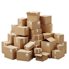 Large stack of cardboard boxes packed for shipping and delivery storage transparent background