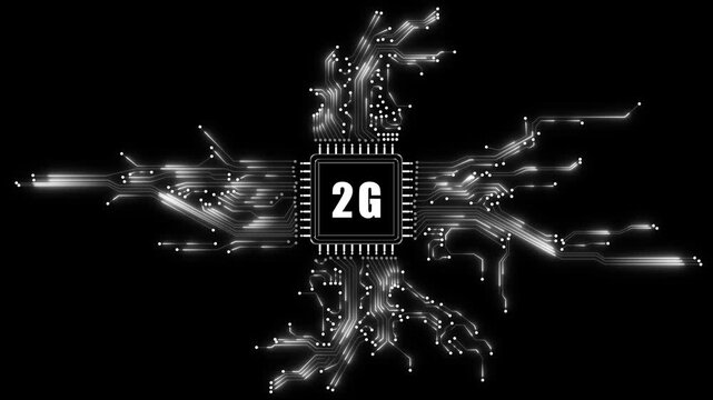 Futuristic 2g chip illuminated with circuitry representing artificial intelligence technology. 4k video 
