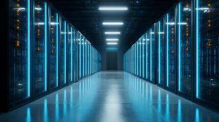 Modern data center corridor with server racks