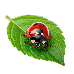 A detailed macro shot of a vibrant red and black ladybug perched on a bright green leaf against a pure black background.