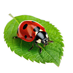 A close-up photograph captures a vibrant red and black ladybug resting on a textured green leaf against a stark black background.