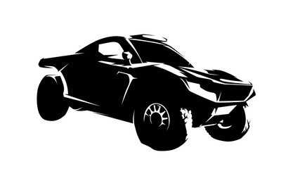Obraz premium High contrast vector illustration of a personal rally Dakar racing car isolated on white background, dynamic off-road motorsport design.