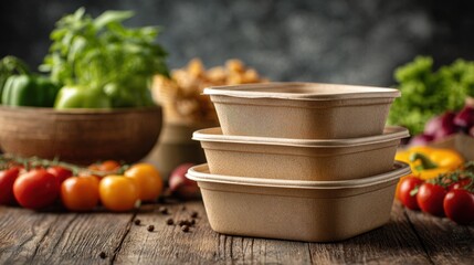 Medium shot of stacked biodegradable food containers on a wooden table with fresh ingredients nearby highlighting green packaging solutions for takeout meals.