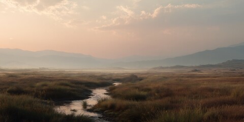 Obraz premium Conceptual cinematic shot of a tranquil misty stream winding through vast grassy plains at dawn, soft morning light.