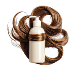 A white pump bottle of hair care product is entwined with flowing brown hair against a black background.