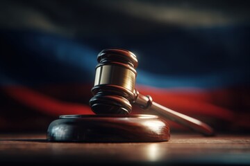 Gavel with Russian Flag Symbolizing Political Sanctions and Tension