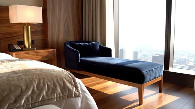 Cozy hotel room featuring a neatly made bed, stylish chair, and city view through large window