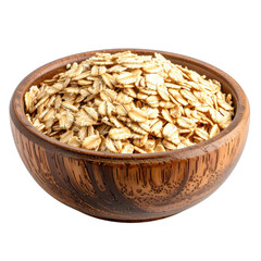 A close-up shot of rolled oats filling a rustic wooden bowl against a black background.