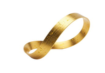 Medium close-up of a luxurious polished gold Mobius strip with brushed texture and sparkling flecks, against a transparent background, concept of infinite luxury