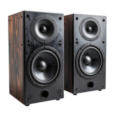 A pair of high-fidelity bookshelf speakers with dark wood grain sides set against a pure black background.