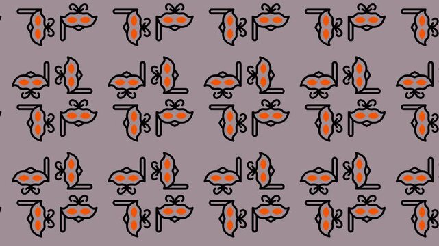 Abstract geometric pattern with orange and black shapes on a gray background.