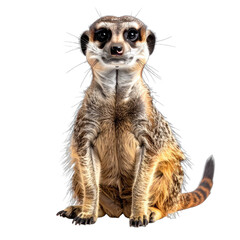 A captivating portrait of a curious meerkat sitting against a stark black background.