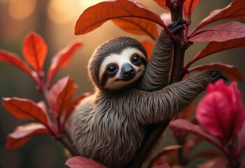 Obraz premium Charming Sloth Hanging Upside Down Amidst Foliage in a Playful Display of Curiosity