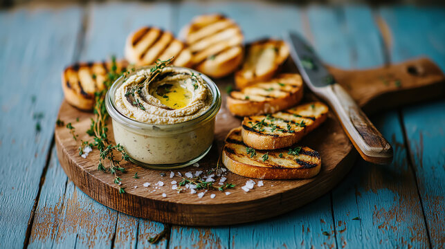 Homemade hummus dip with grilled bread on a rustic wooden board. Mediterranean appetizer with olive oil and fresh thyme. Healthy snack on a vintage blue table - Powered by Adobe
