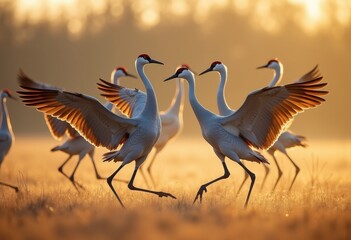 Fototapeta premium Elegant Sandhill Crane Dance Ritual Displaying Majestic Postures and Fluid Movements Under Bright Spring Sun