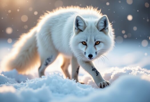 Elegant Arctic Fox Dressed in Pure White Winter Coat with Icy Background and Sparkling Snow Ambiance
