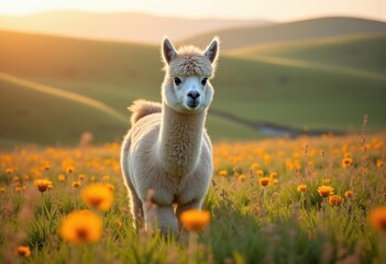 Obraz premium Fluffy Alpaca Grazing in Vibrant Meadow with Colorful Blossoms and Scenic Rolling Hills