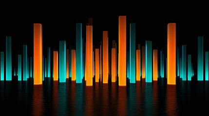 Abstract colorful bars glowing against a dark background, illustrating data visualization or a modern design concept. The scene is illuminated by neon light, creating a dynamic visual