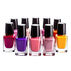A collection of assorted colored nail polish bottles displayed against a dark background.