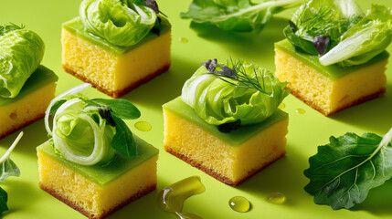 Gourmet appetizer sponge cakes with green glaze and lettuce garnish. Savory vegetarian finger food canapes on bright background