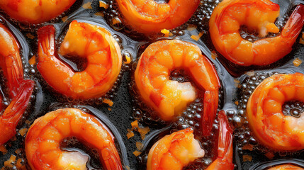 Close up top view of sizzling shrimp frying in hot oil. Cooked prawns with garlic sauce in a pan. Delicious seafood cuisine background