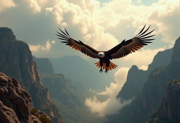 Naklejka premium Grand Condor Gliding Over Majestic Mountain Canyon with Turbulent Clouds and Dramatic Formations