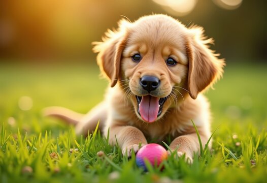 Golden Retriever Puppy Joyful Playtime Adorable Grass Interaction Fun Time