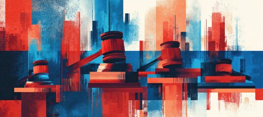 Stylized Political Illustration with Gavels and Russian Flag Background