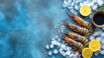 Raw tiger prawns on crushed ice with lemon and soy sauce. Fresh seafood ingredients flat lay on blue background. Copy space for text