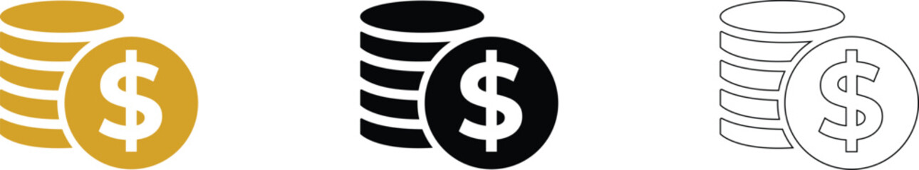 Realistic money coins stack with dollar sign in Golden and black and White Styles for Banking, Investment, and finance applications vector.