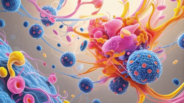 Abstract Visualization of Tumor and Immune Cell Interaction. Ideal for use in healthcare, biotechnology, pharmaceutical, and scientific visualization projects related to oncology and immune response.