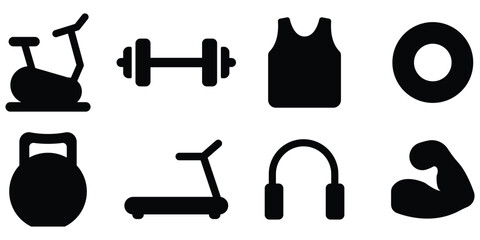 Fitness equipment icon set, Gym workout gear pack, Exercise training silhouette collection