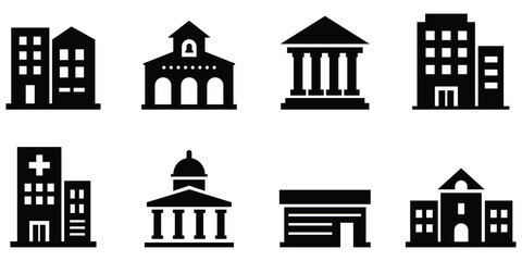Government building silhouette set, City architecture icon pack, Public institution structure collection