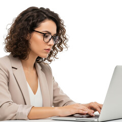 Young woman wearing glasses working on a laptop isolated on transparent background