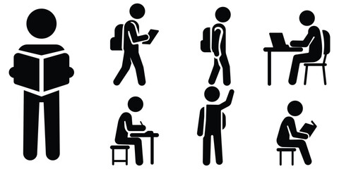 Student study silhouette set, Reading and learning icon pack, School education figure collection