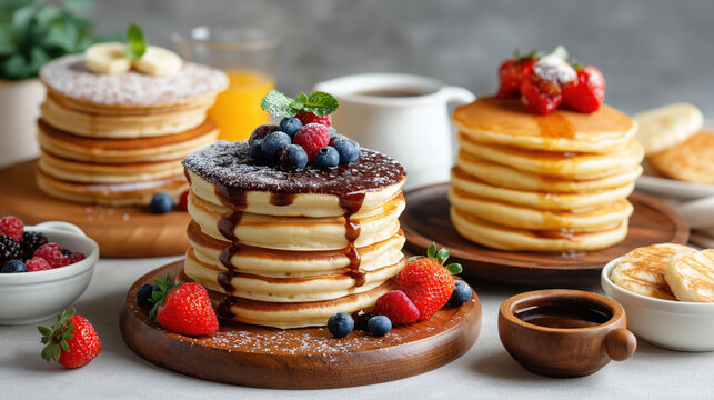 Stack of fluffy pancakes with chocolate syrup and fresh berries. Sweet breakfast food with blueberries, raspberries and mint on wooden table. Homemade dessert concept