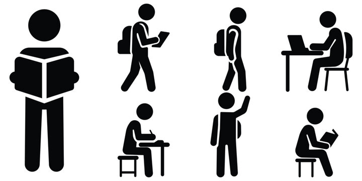 Student study silhouette set, Reading and learning icon pack, School education figure collection