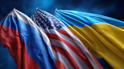 Wide-angle view of Russian, American, and Ukrainian flags in vivid colors