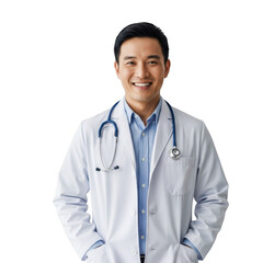 Smiling asian doctor wearing a white lab coat and stethoscope isolated on transparent background