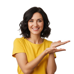 Smiling woman in yellow shirt presenting with open hands isolated on transparent background