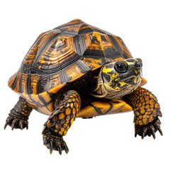 Fototapeta premium A striking close-up portrait of a colorful box turtle against a solid black background.