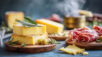 Gourmet cheese and charcuterie board with prosciutto and olives on a rustic wooden platter. Delicious Italian antipasto or Spanish tapas appetizer. Close up of cured meat and dairy snacks