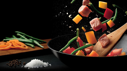 Stir fry cooking with flying ingredients above a wok. Fresh vegetables and meat tossing in air. Asian food preparation with salt and pepper on black background