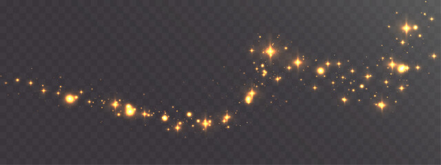 Golden glowing sparkles forming flowing magic trail with bright star particles on transparent dark background, festive light effect, vector EPS illustration.  © NAUM