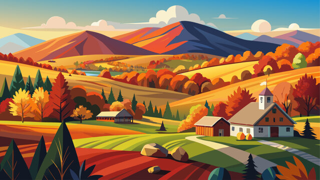 Very beautiful vivid autumn colors surround rolling hills leading toward Burke Mountain, glowing beneath clear seasonal light. A peaceful New England landscape blending warm tones and scenic rural bea