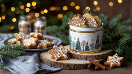 Christmas gingerbread cookies in a decorative tin on a rustic wooden table. Homemade snowflake shaped biscuits with white icing. Festive holiday still life with pine branches and bokeh lights