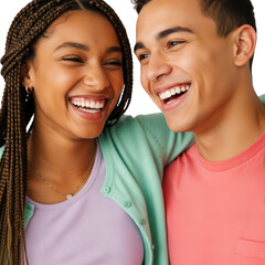 Young couple laughing together joyfully isolated on transparent background