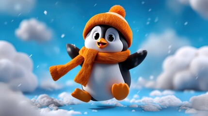 Cute Cartoon Penguin Wearing Hat and Scarf in Snow