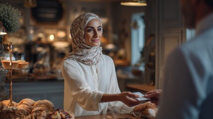 Middle Eastern Woman Accepting Payment Card in Elegant Bakery Setting
