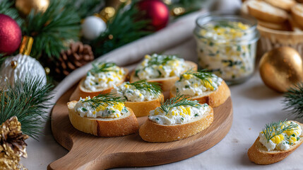 Christmas appetizers with cheese and egg salad on baguette slices. Festive holiday food on wooden board with pine decorations. New Year party snack